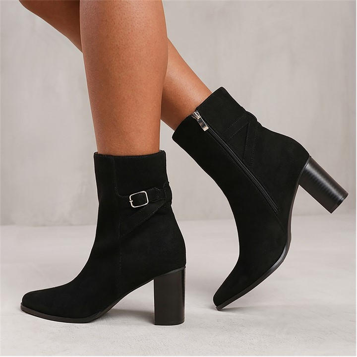 Wheres That From Black Ly Suede Winter Block Heel Boot With Buckle Detail In Black Size 5