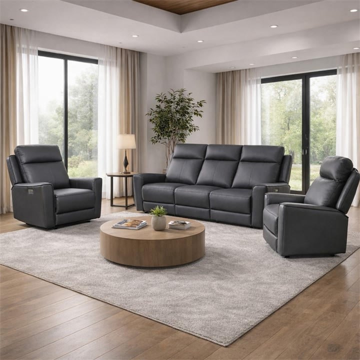 Aspire Unisex Charcoal Rivington Real Leather Power Recliner 3+1+1 Sofa Set With Usb Charging In Size 3 - Image 5