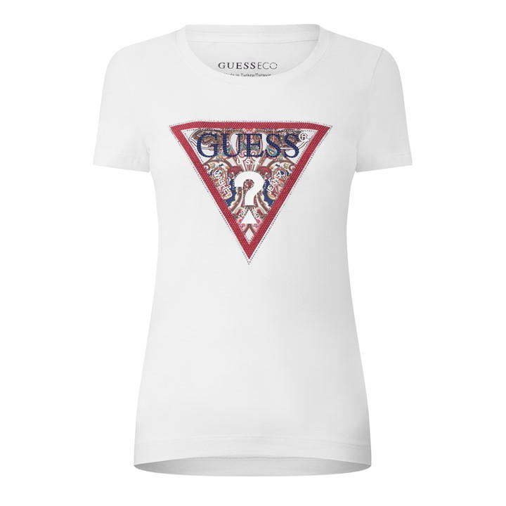 Guess Women's Short Sleeve Paisley Triangle Slim Fit T-Shirt White Size 10 (S)