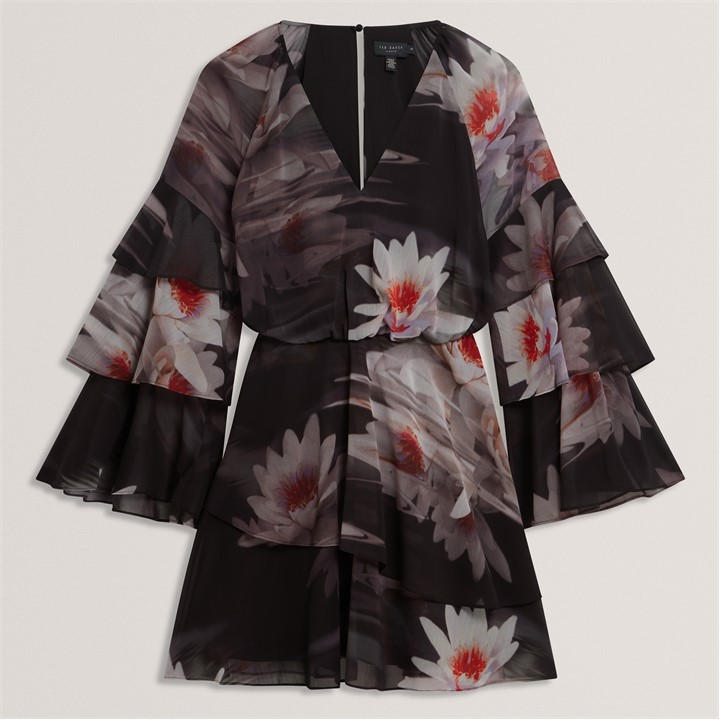 Ted Baker Ted Baker Lily Print Frilled Long Sleeve Mini Dress - Black - Size 12 (M) - Image 3